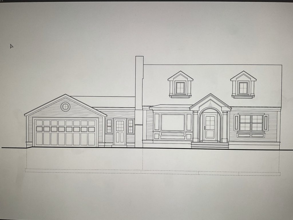 A pencil elevation drawing of a house