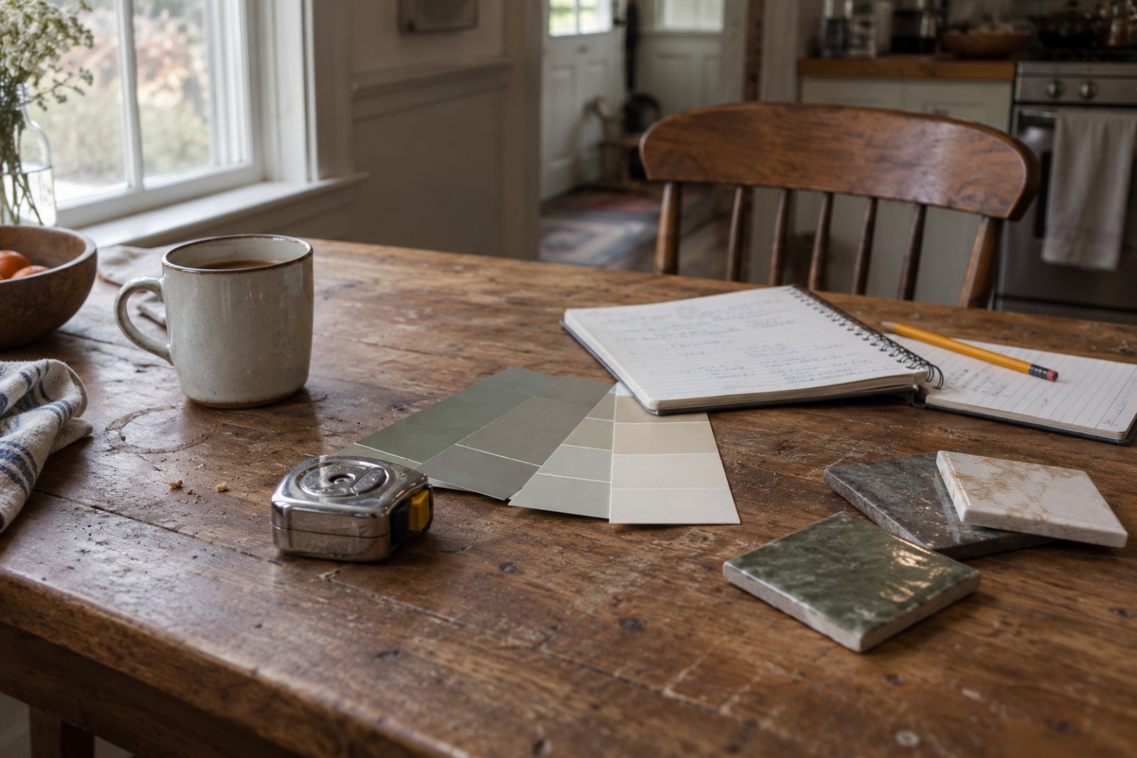 Paint samples, a tape measure and a notebook on a kitchen table